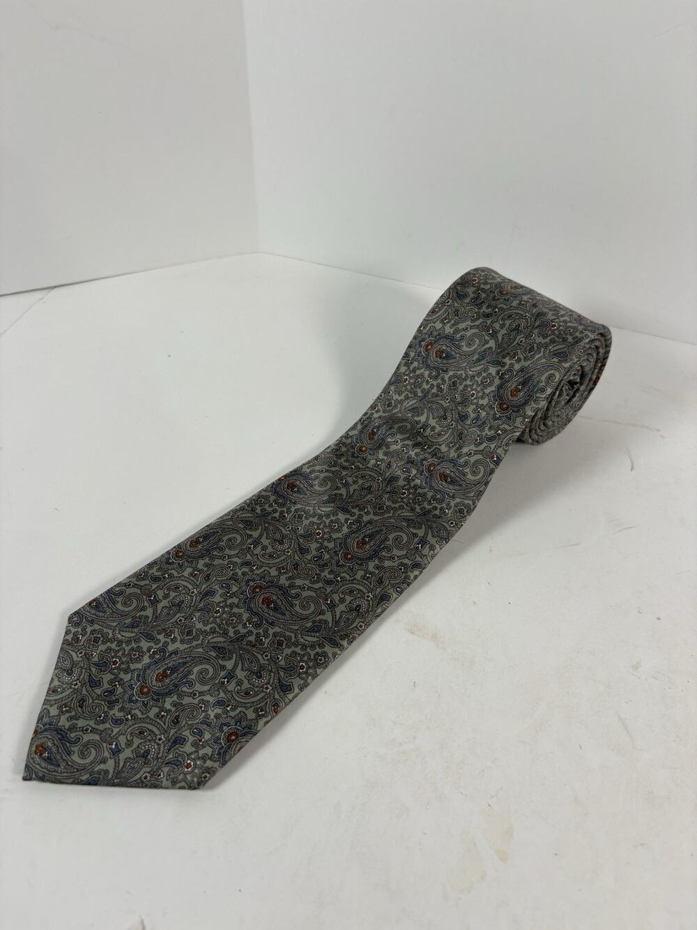 Vintage Christian Dior Mens Silk Tie Paisley Gray Blue Orange Necktie Made USA